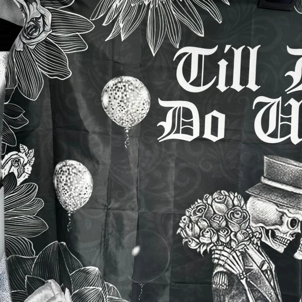 Till Death Do Us Part Skeleton Wedding Tapestry Black White Goth Wall Hanging